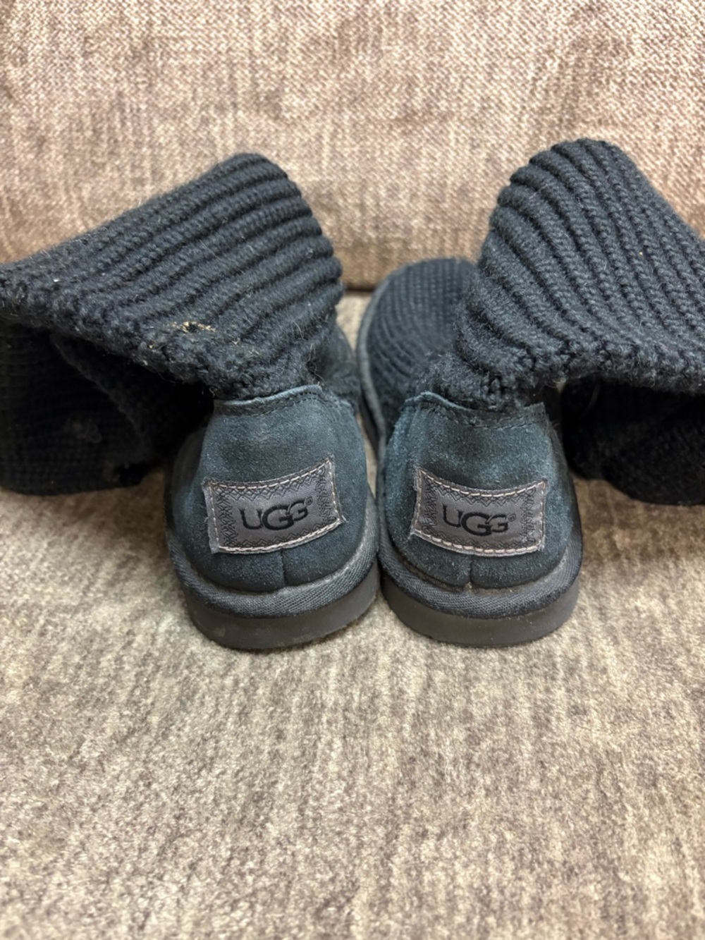 UGG Kids Black Knit Cuff Suede Booties Missing Buttons